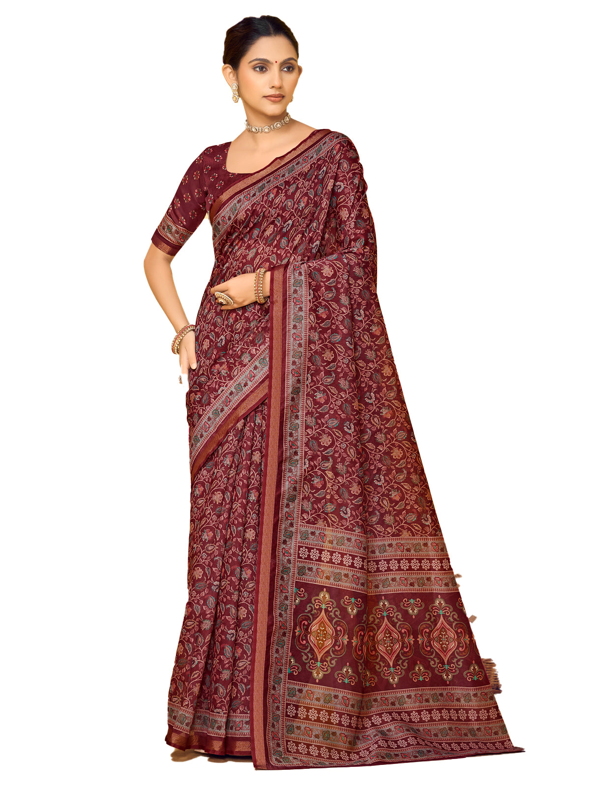Amrapali - Red Chanderi Cotton Digital Printed Saree with Zari Border