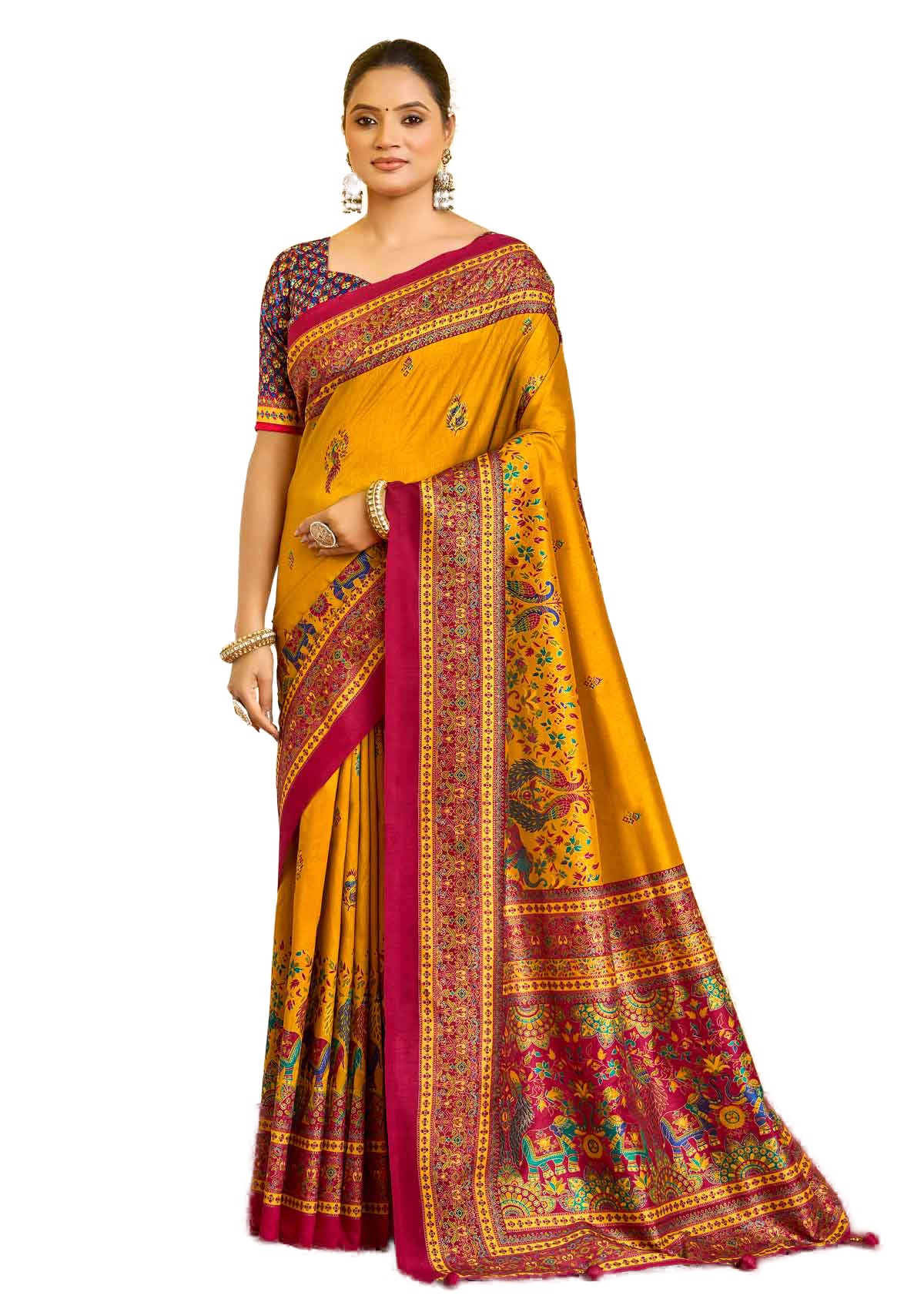 Kumuda - Yellow Silk Printed Saree with Delicate Foil Work