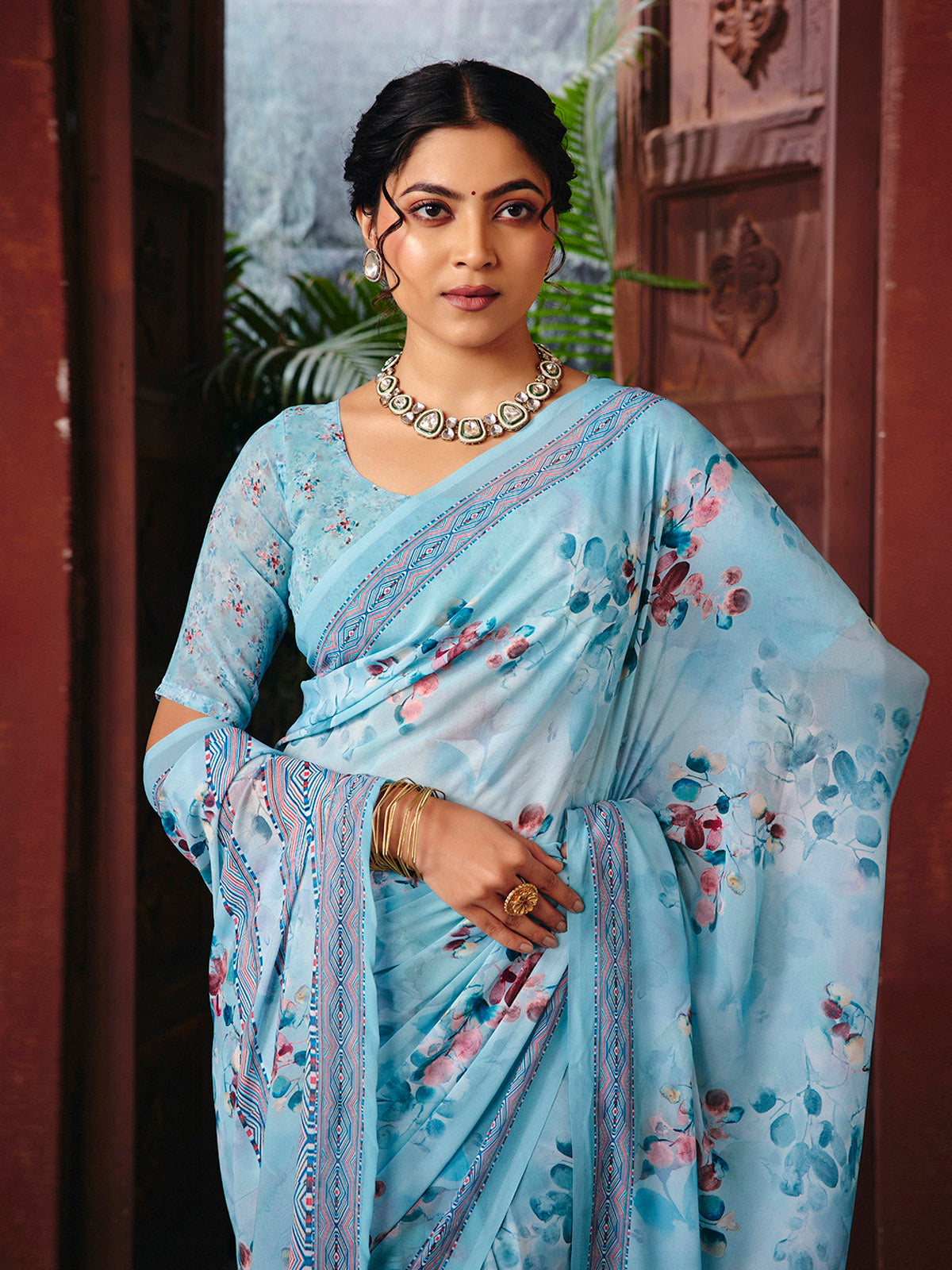 Riddhi - Sky Blue Georgette Floral Digital Printed Saree