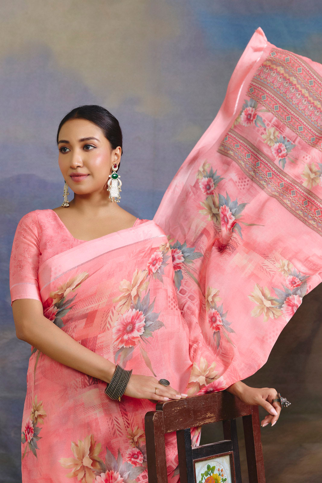 Samriddhi - Peach Moss Georgette Digital Print Saree with Satin Patta Border