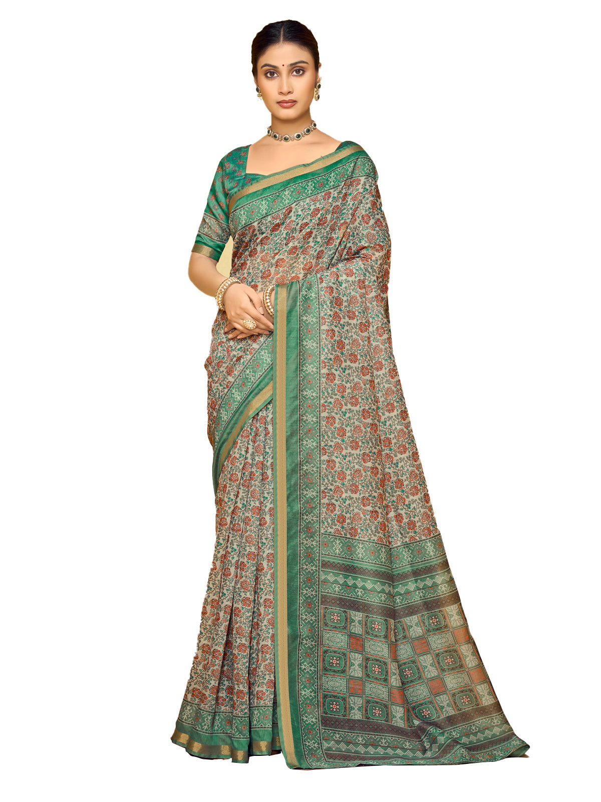 Amrapali - Sea Green Chanderi Cotton Digital Printed Saree with Zari Border
