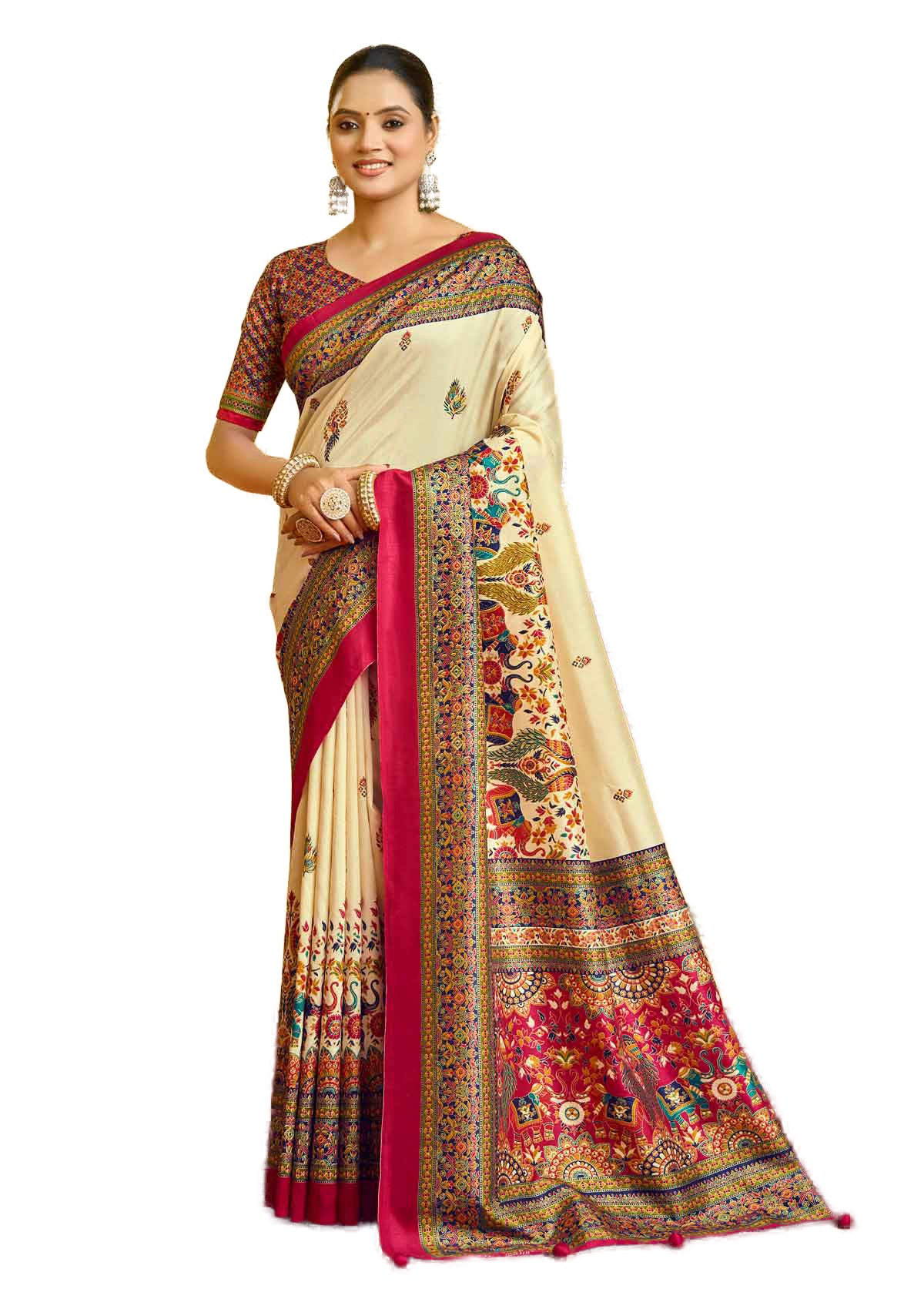 Kumuda - Cream Silk Printed Saree with Delicate Foil Work