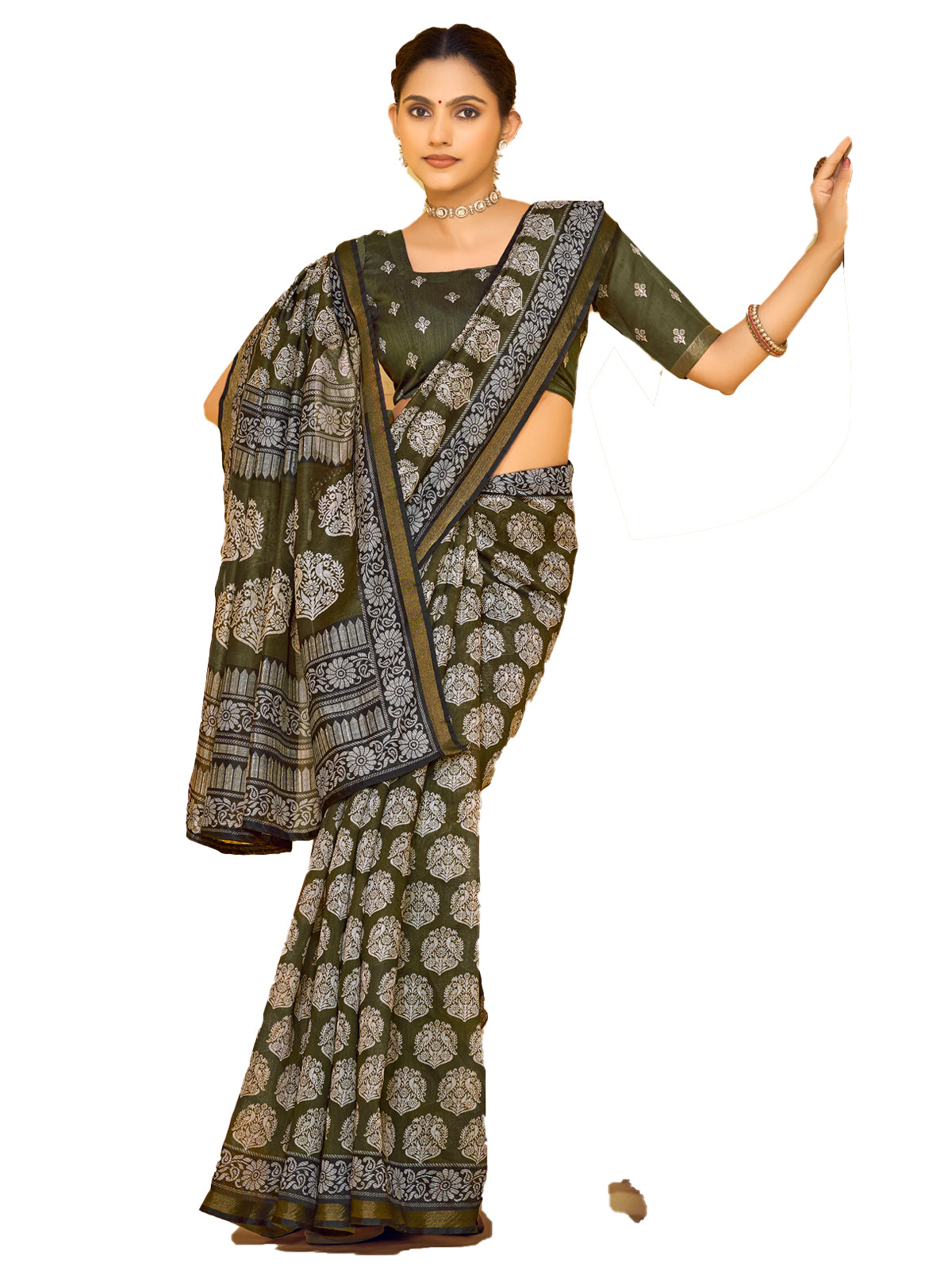 Amrapali - Olive Garden Chanderi Cotton Digital Printed Saree with Zari Border