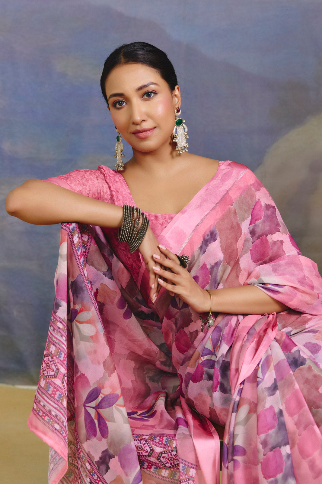 Samriddhi - Mauve Moss Georgette Digital Print Saree with Satin Patta Border
