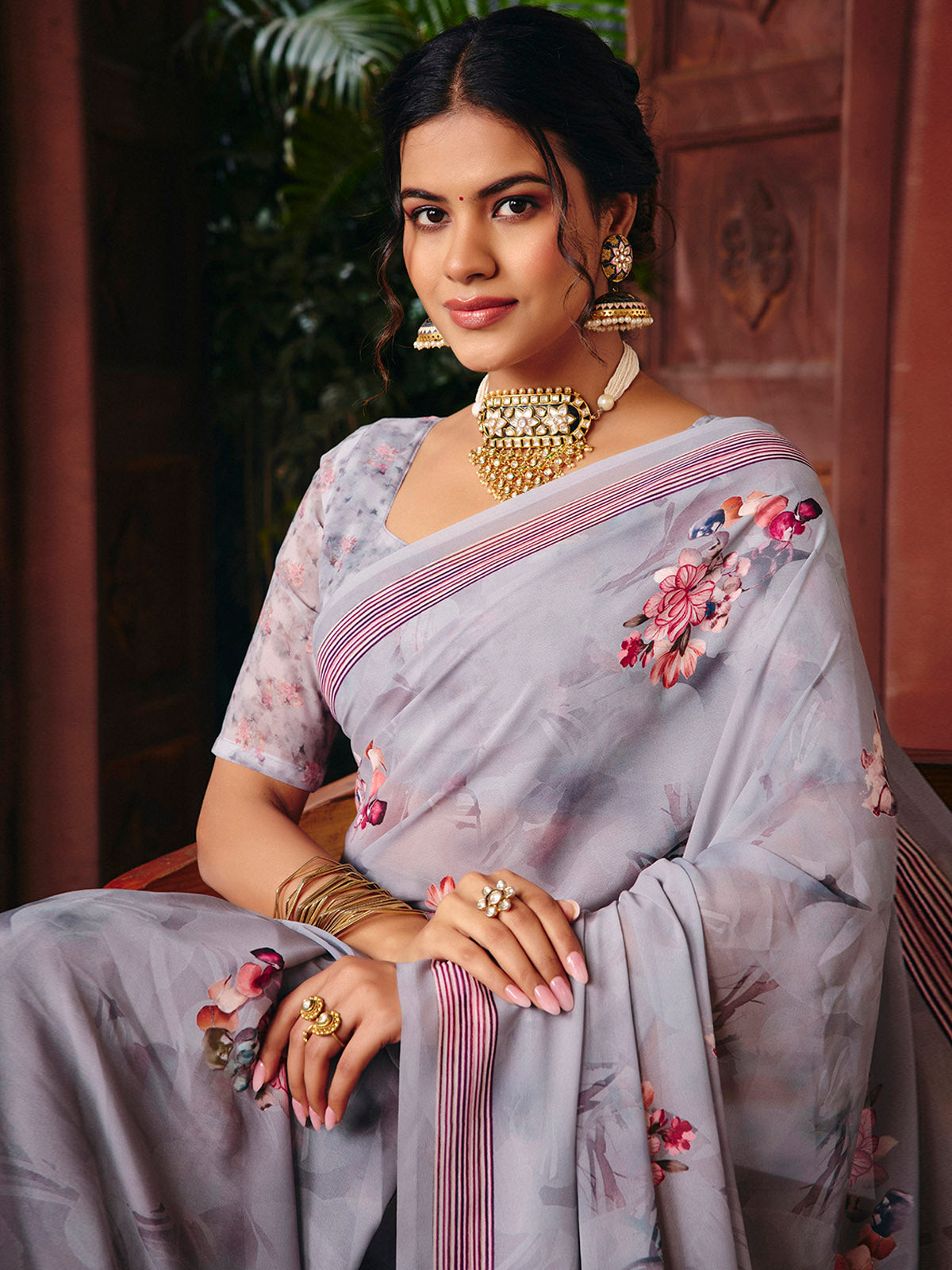 Riddhi - Slate Grey Georgette Floral Digital Printed Saree