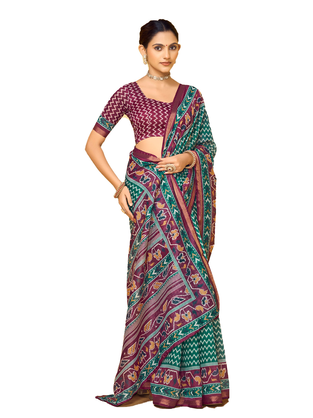Amrapali - Teal Chanderi Cotton Digital Printed Saree with Zari Border