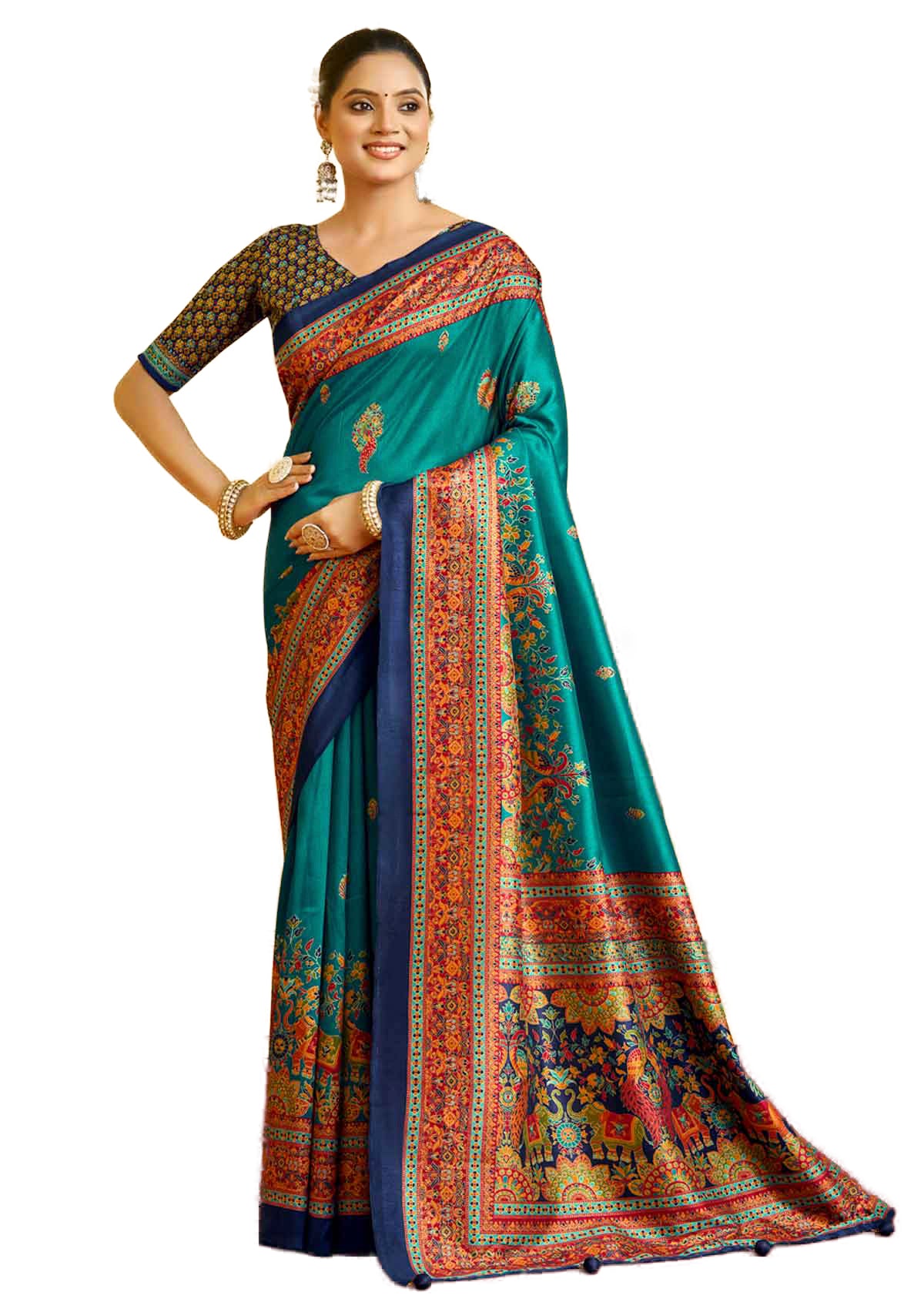 Kumuda - Turquoise Silk Printed Saree with Delicate Foil Work