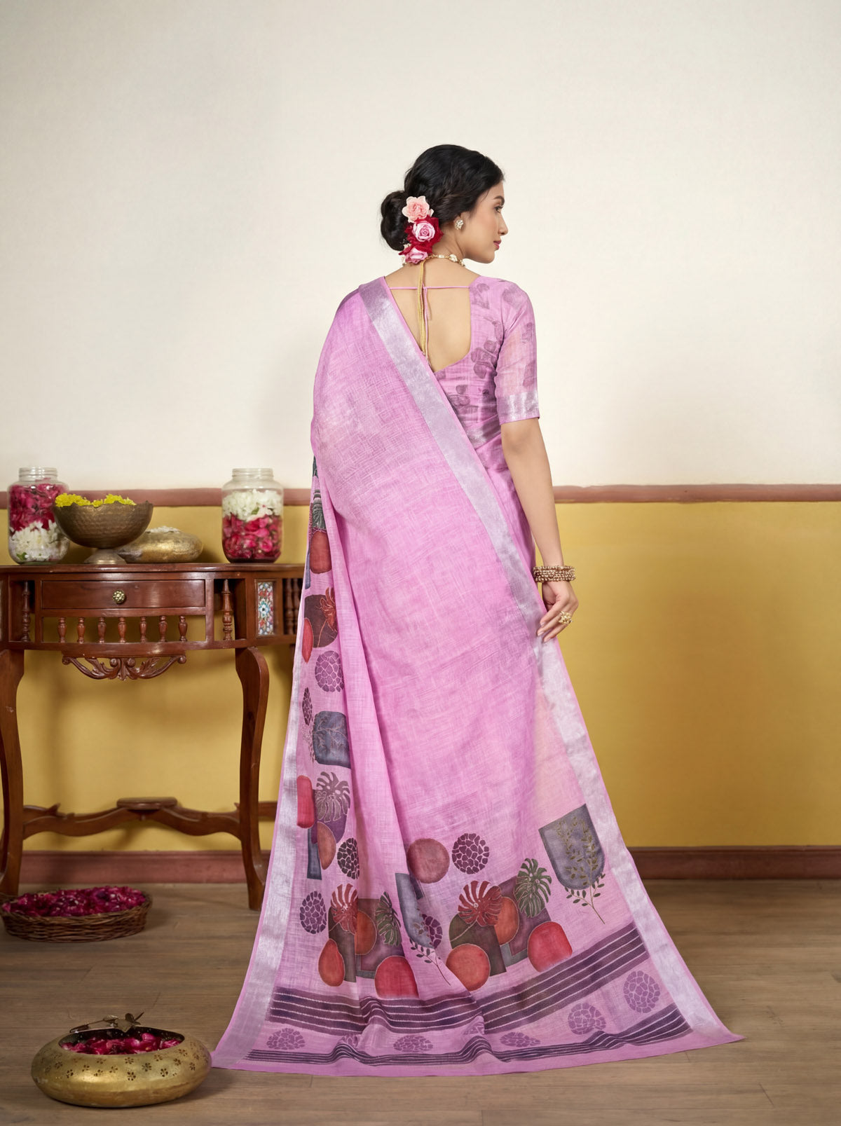 Rachna - Purple Linen Digital Print Saree with Woven Border