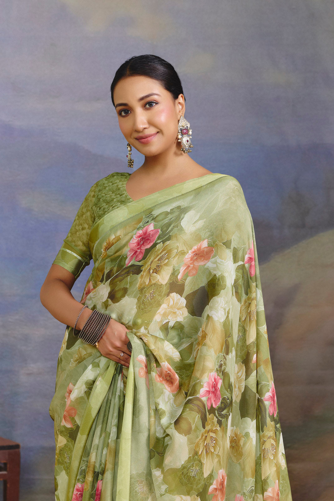 Samriddhi - Green Moss Georgette Digital Print Saree with Satin Patta Border