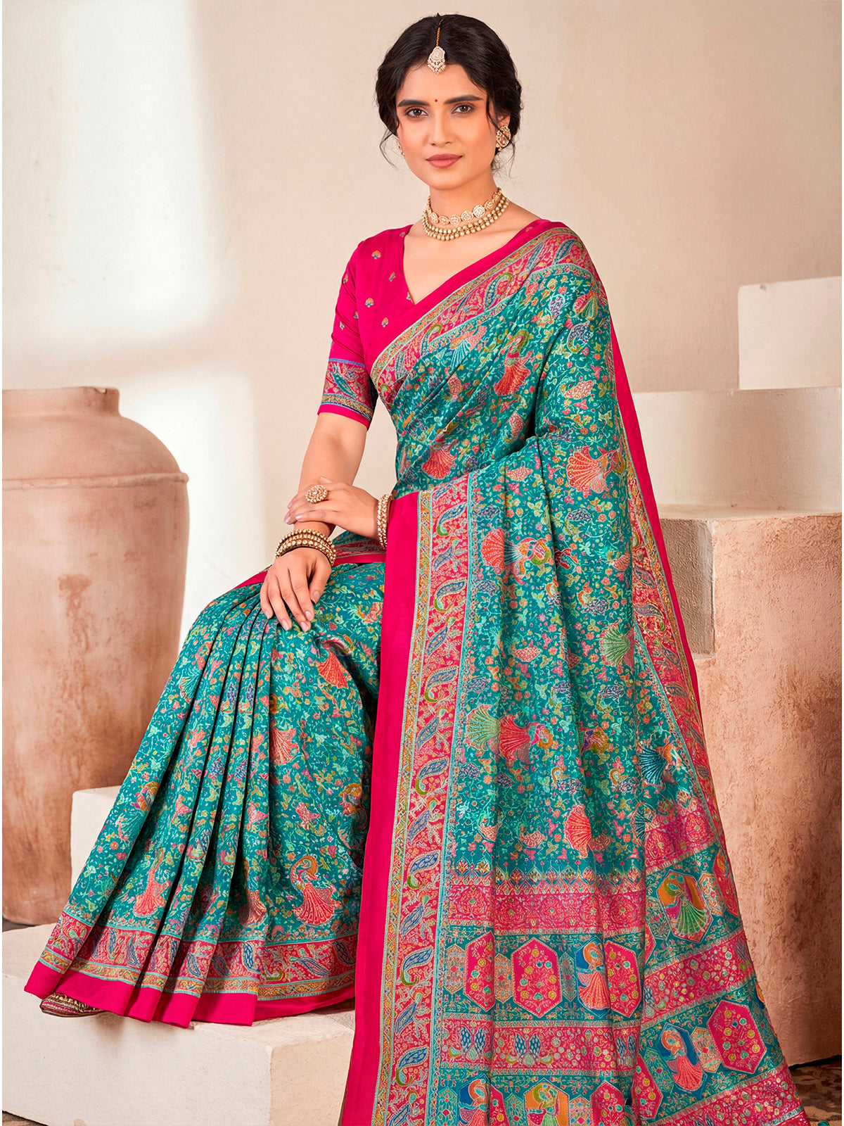 Kumuda - Teal Mysore Silk Jari Printed with Tessals