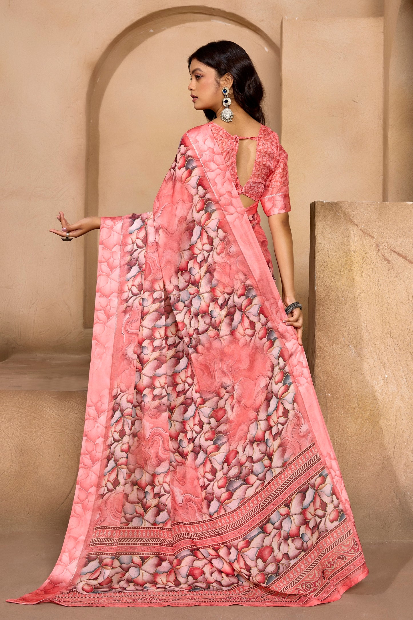 Samriddhi - Peach Georgette Digital Print Saree with Satin Border