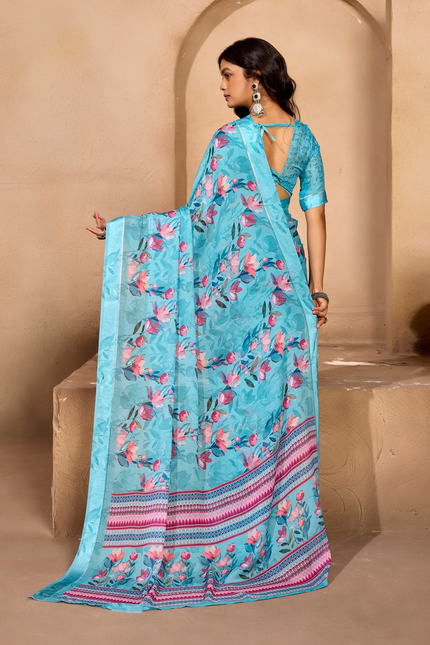 Samriddhi - Sky Blue Georgette Digital Print Saree with Satin Border