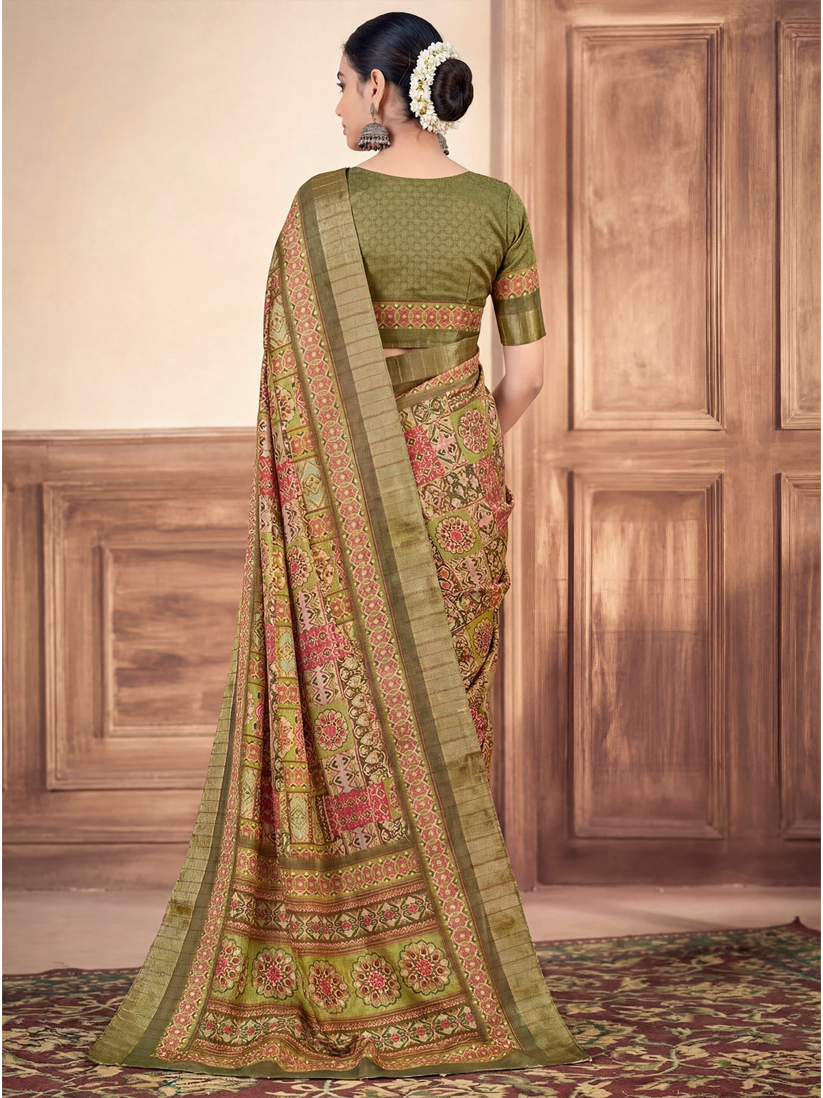 Devsena - Mehendi Green Silk Digital Print Saree with Zari Border