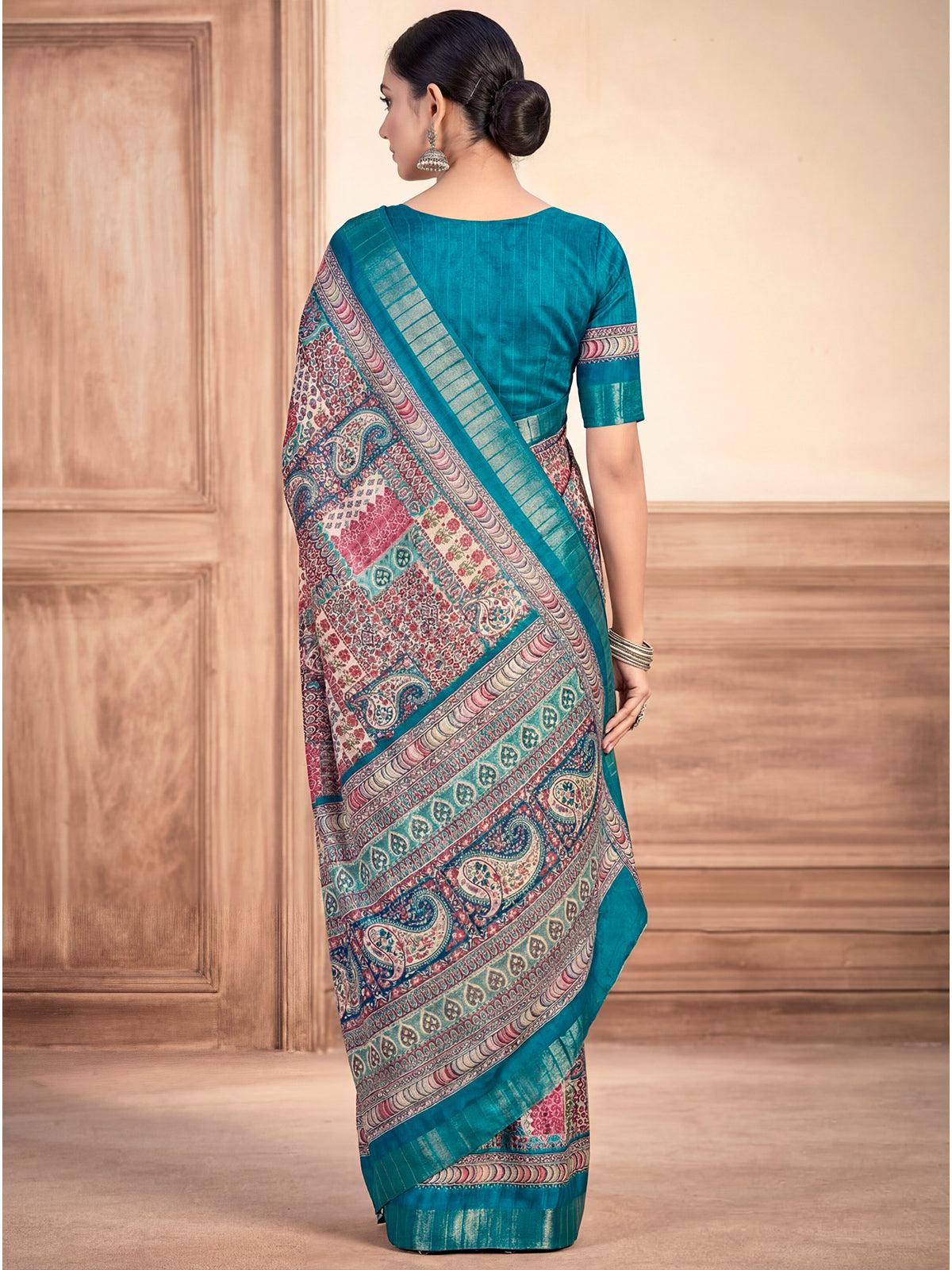 Devsena - Firozi Silk Digital Print Saree with Zari Border