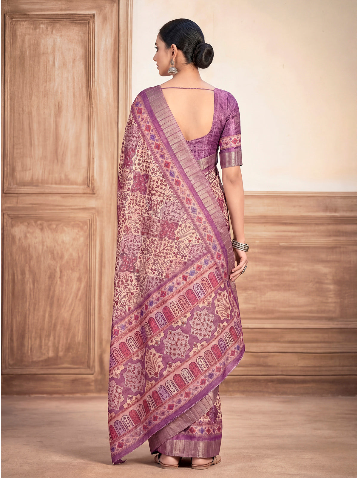 Devsena - Violet Silk Digital Print Saree with Zari Border