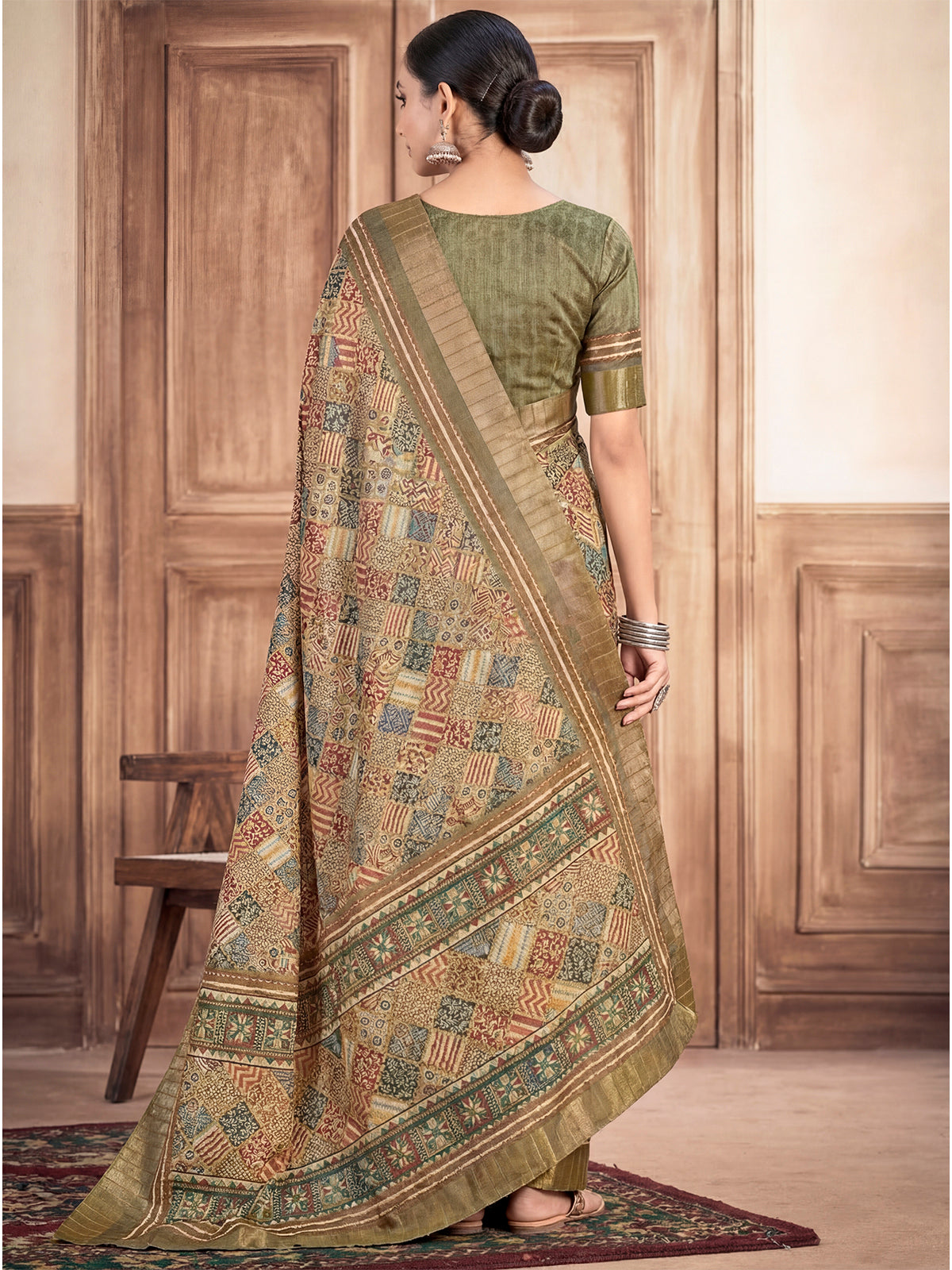 Devsena - Olive Green Silk Digital Print Saree with Zari Border