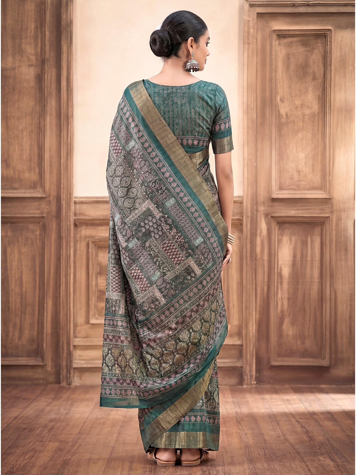 Devsena - Forest Green Silk Digital Print Saree with Zari Border