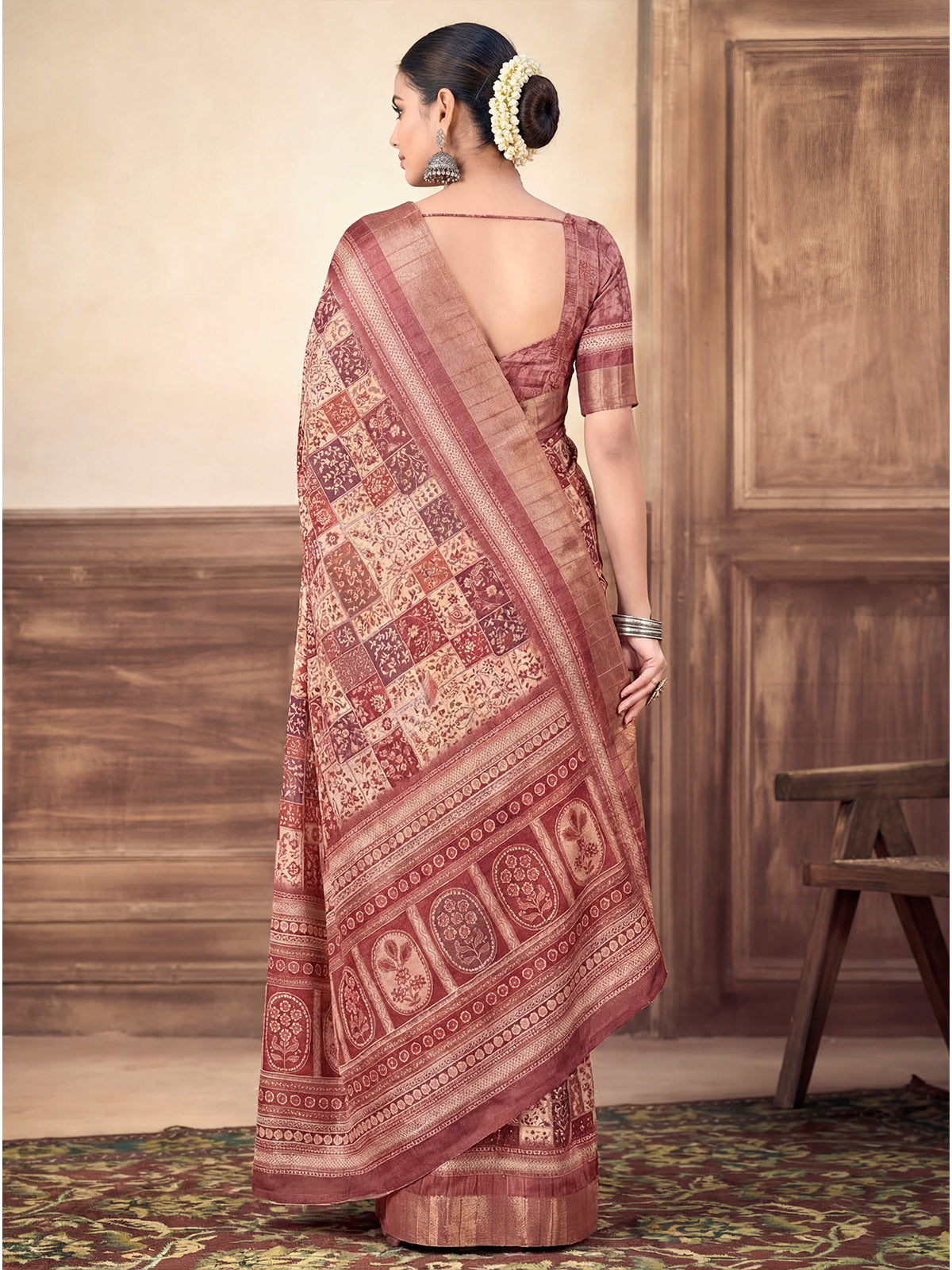 Devsena - Beige Silk Digital Print Saree with Zari Border