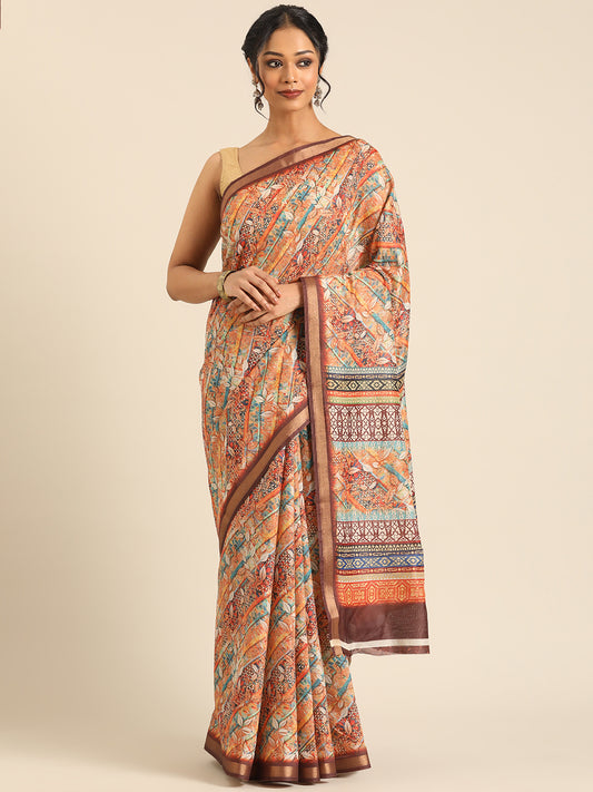 Taraang–Brown Printed Cotton Chanderi Saree
