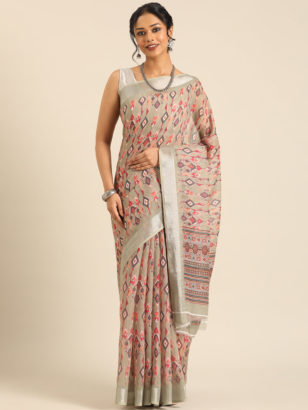 Mridula–Cream Printed Linen Saree