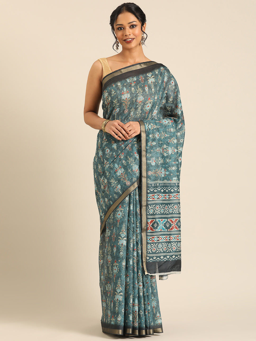 Taraang– Green Printed Cotton Chanderi Saree
