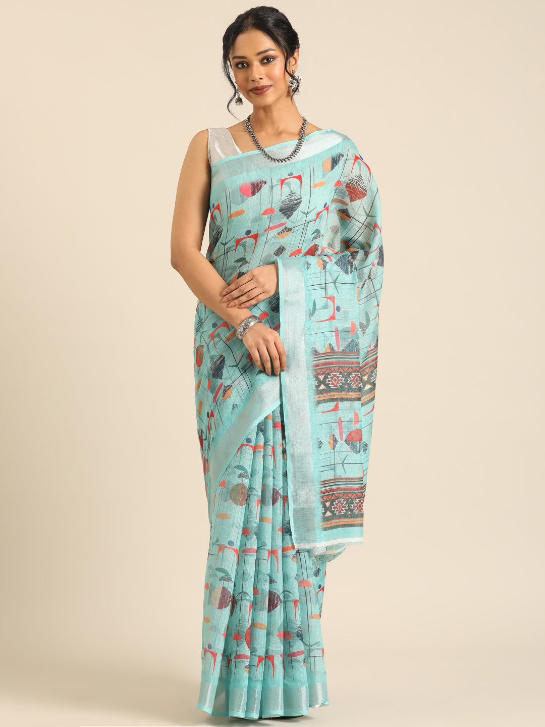 Mridula–Turquoise Printed Linen Saree
