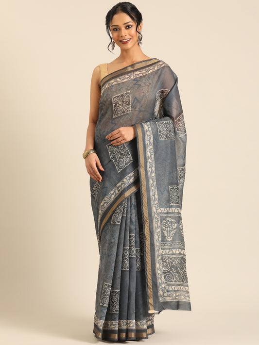 Taraang– Dark Grey Printed Cotton Chanderi Saree
