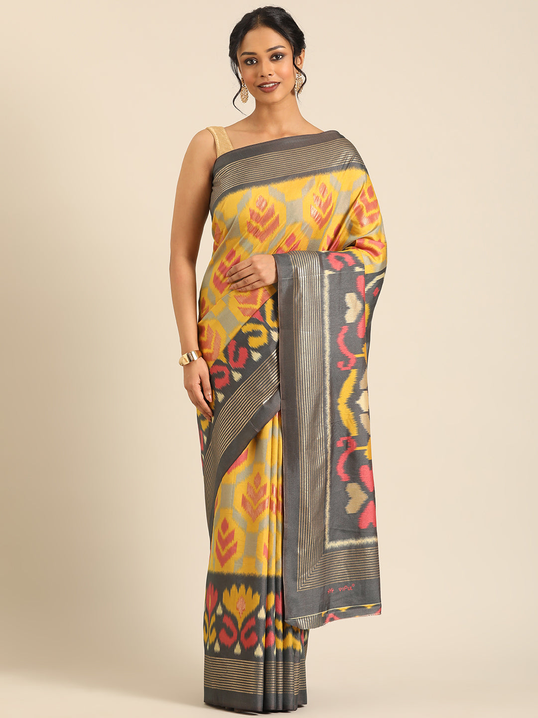 Tanta–Yellow Grey Printed Soft Silk Saree