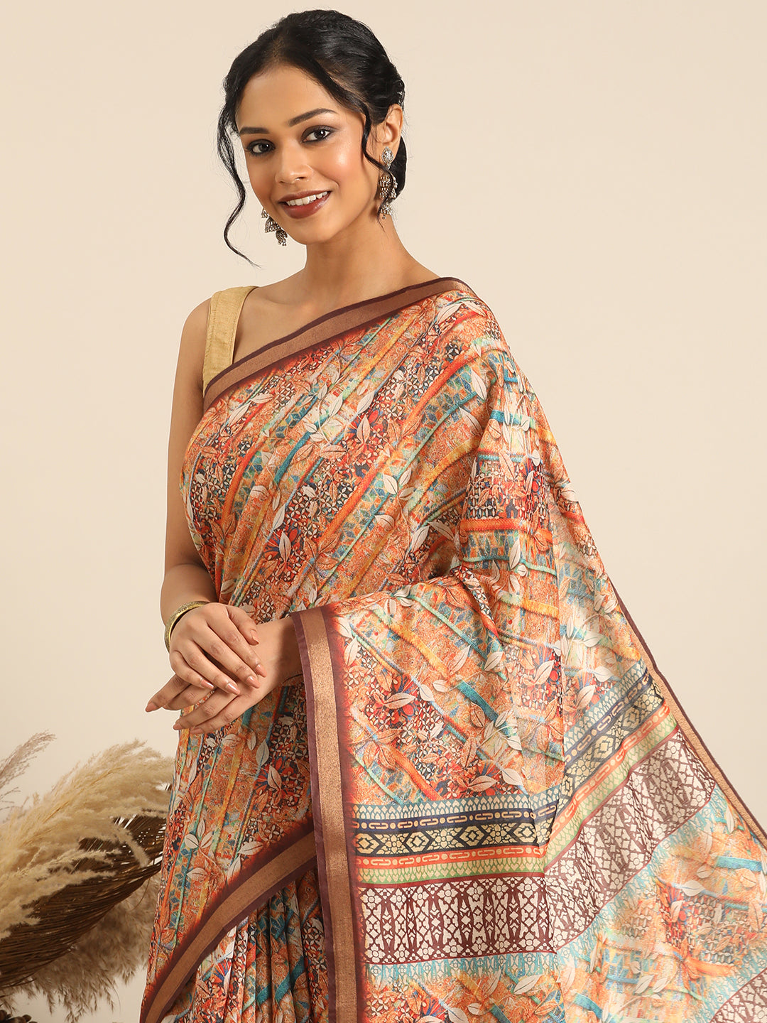 Taraang–Brown Printed Cotton Chanderi Saree