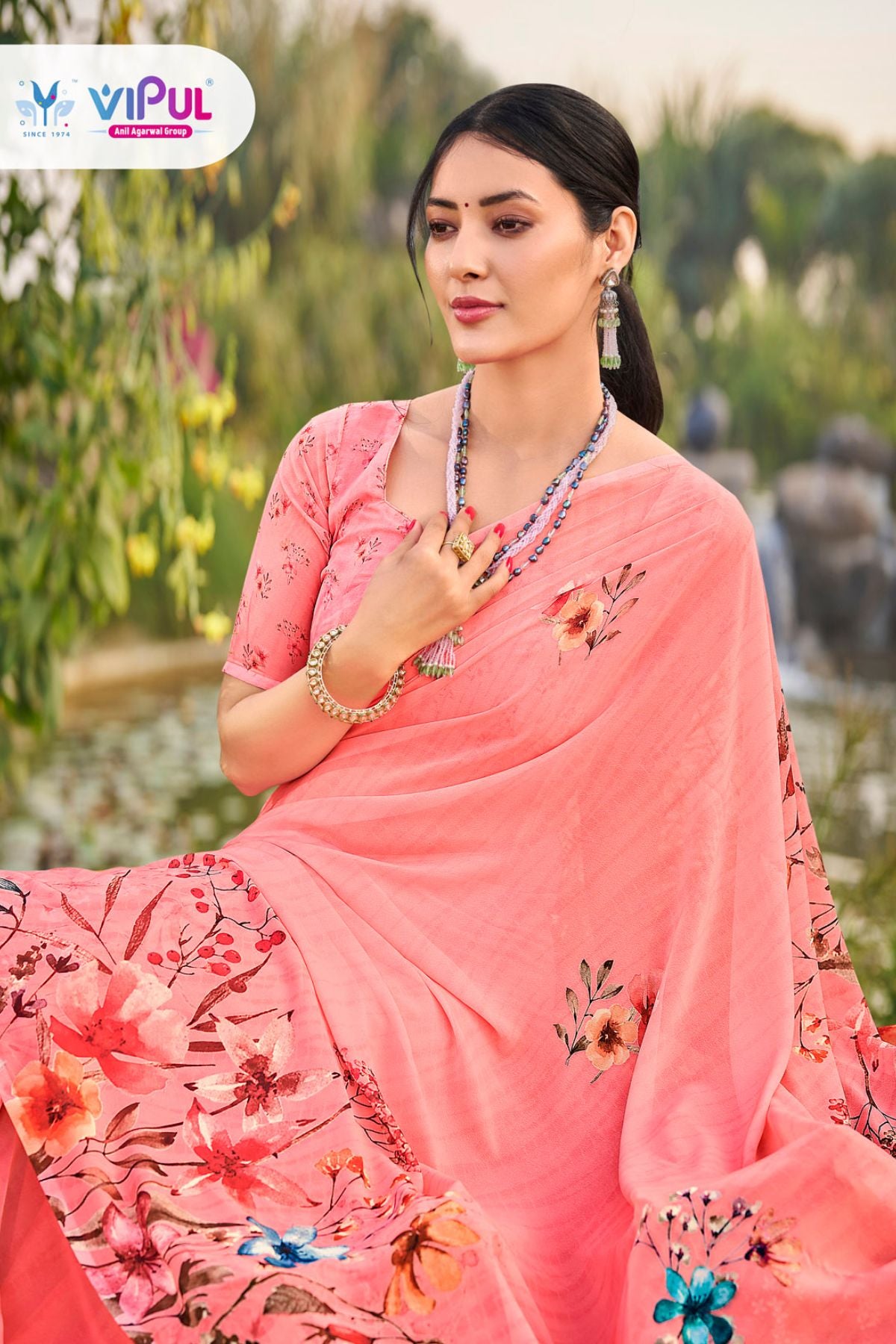 Riddhi - Coral Georgette Floral Digital Printed Saree