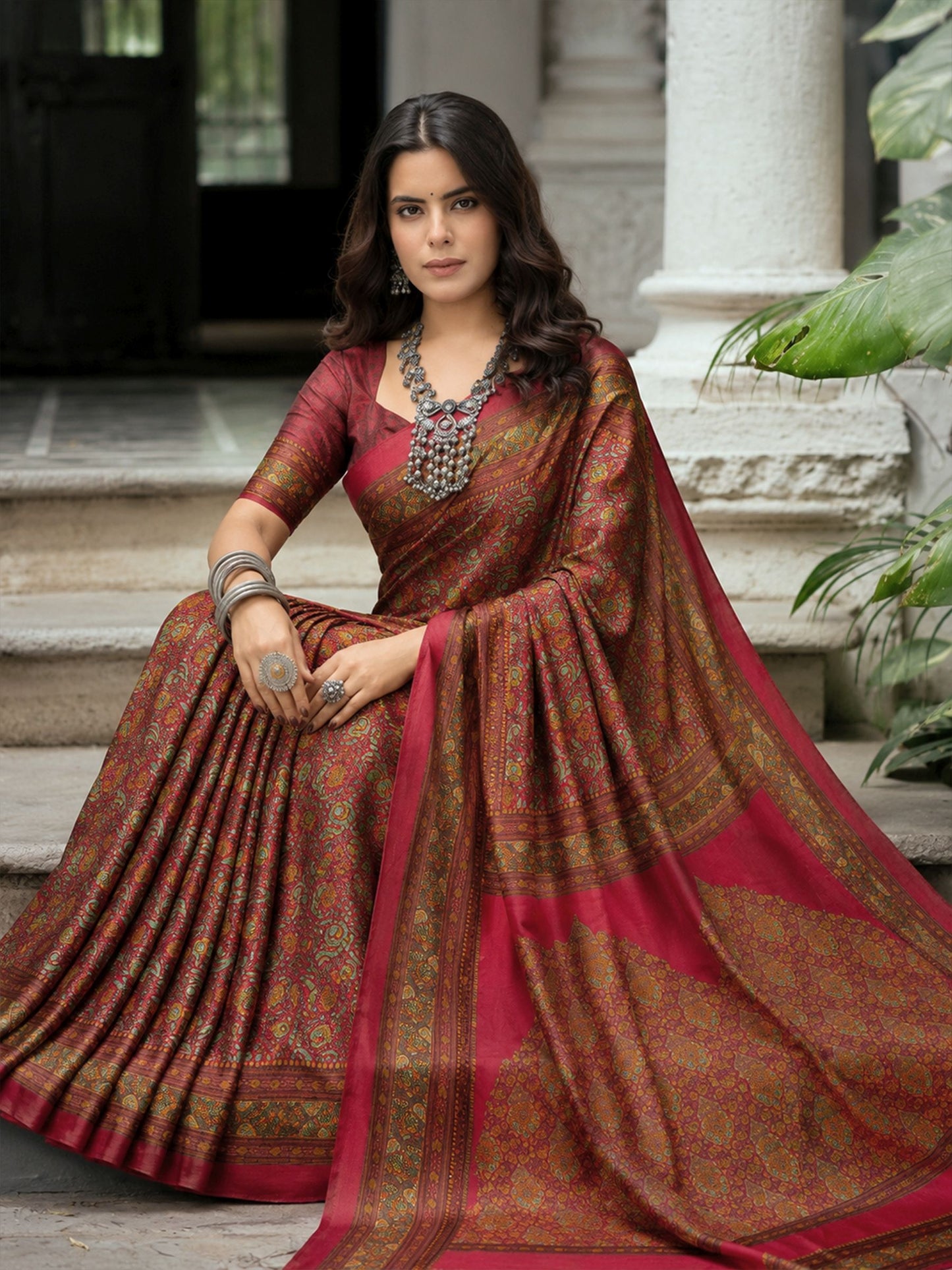 Rajkala - Fire Red Printed Crepe Silk Saree