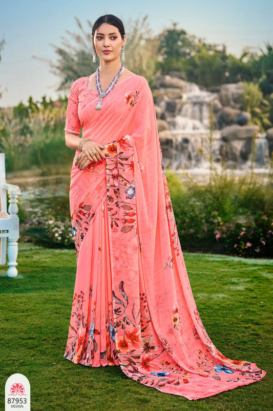 Riddhi - Coral Georgette Floral Digital Printed Saree
