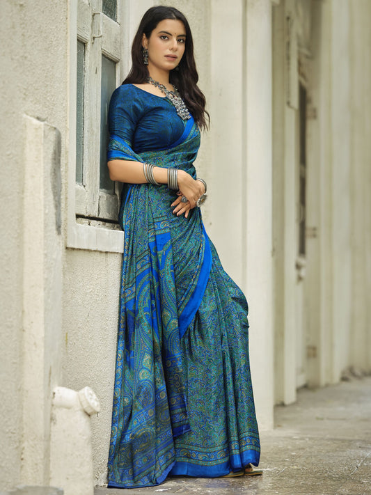 Rajkala - Blue Printed Crepe Silk Saree