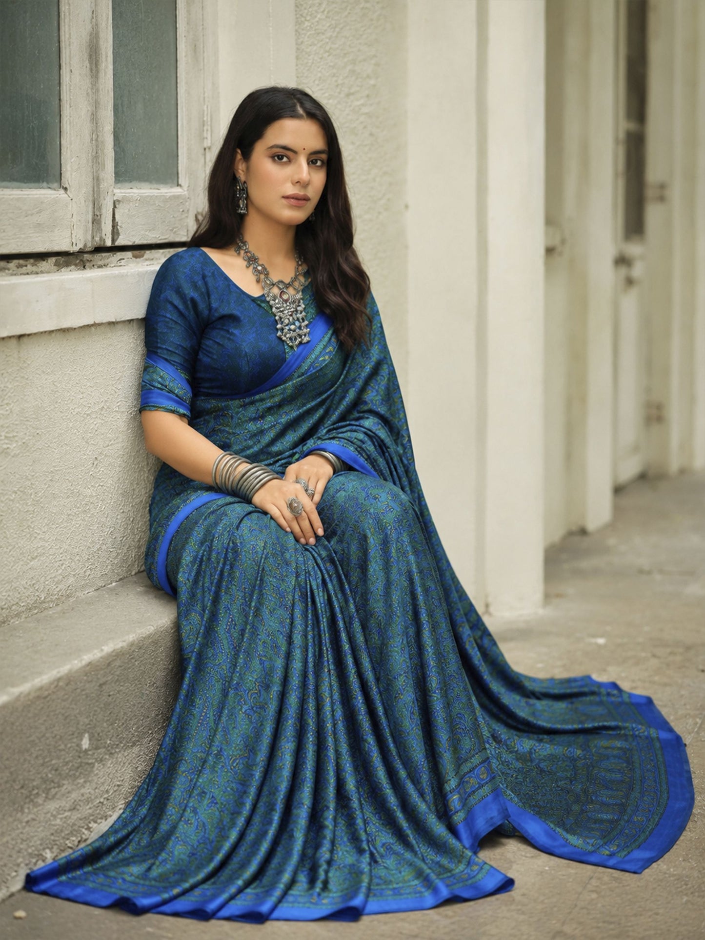 Rajkala - Blue Printed Crepe Silk Saree