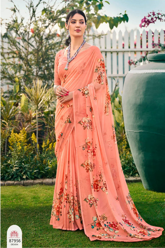 Riddhi - Peach Georgette Floral Digital Printed Saree