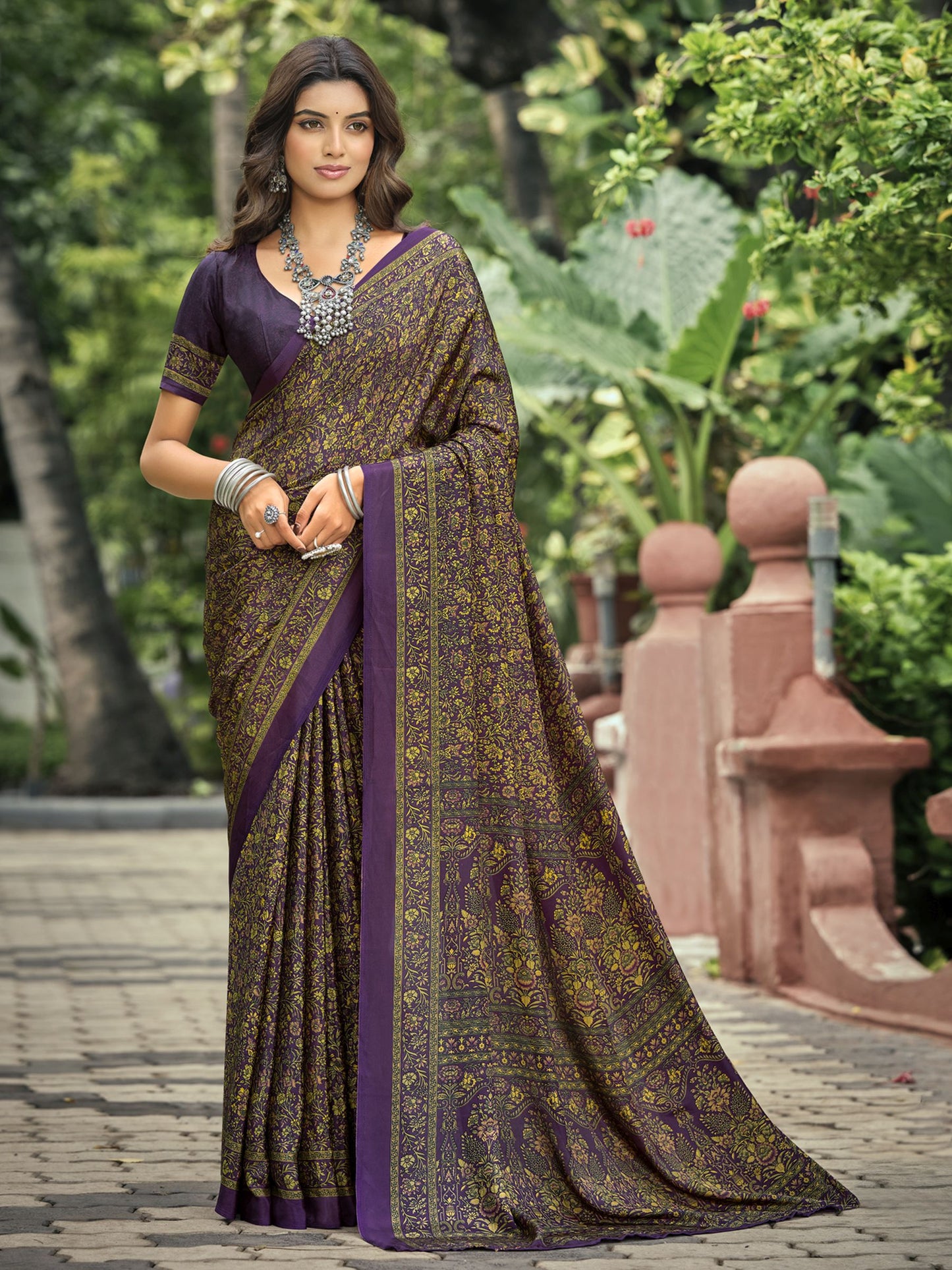 Rajkala - Violet Printed Crepe Silk Saree