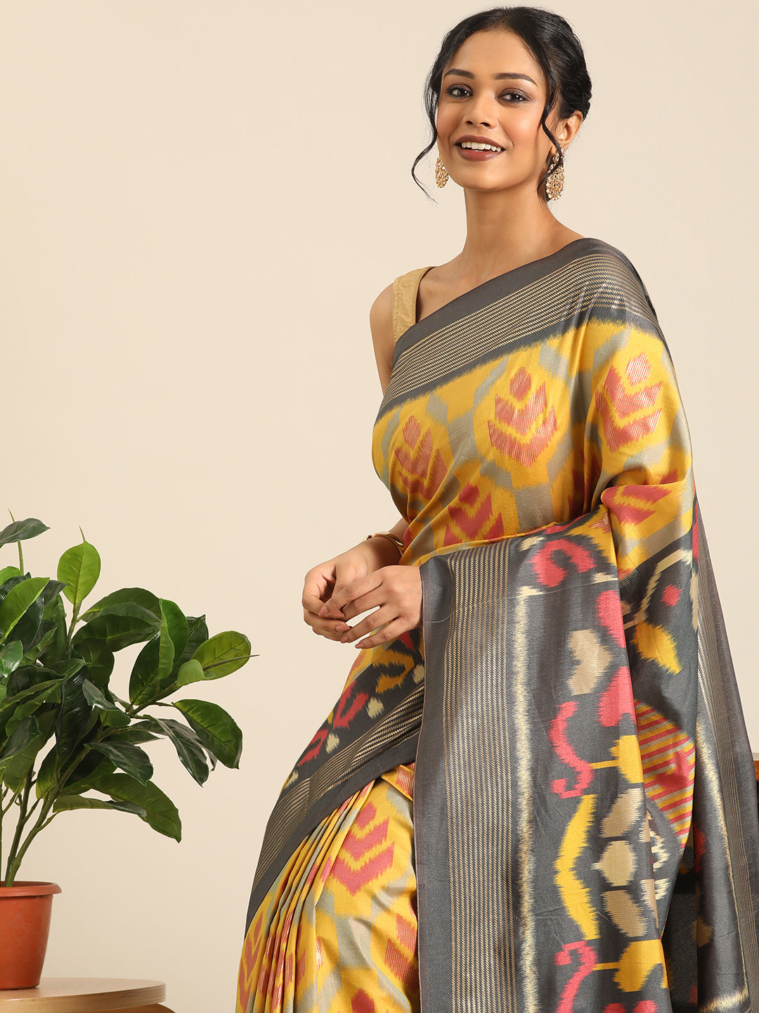 Tanta–Yellow Grey Printed Soft Silk Saree
