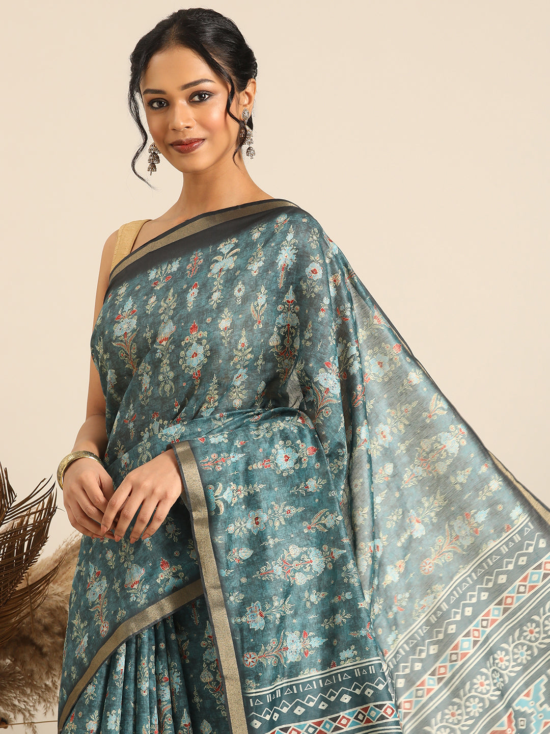 Taraang– Green Printed Cotton Chanderi Saree