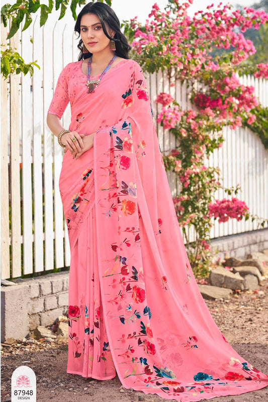 Riddhi - Baby Pink Georgette Floral Digital Printed Saree