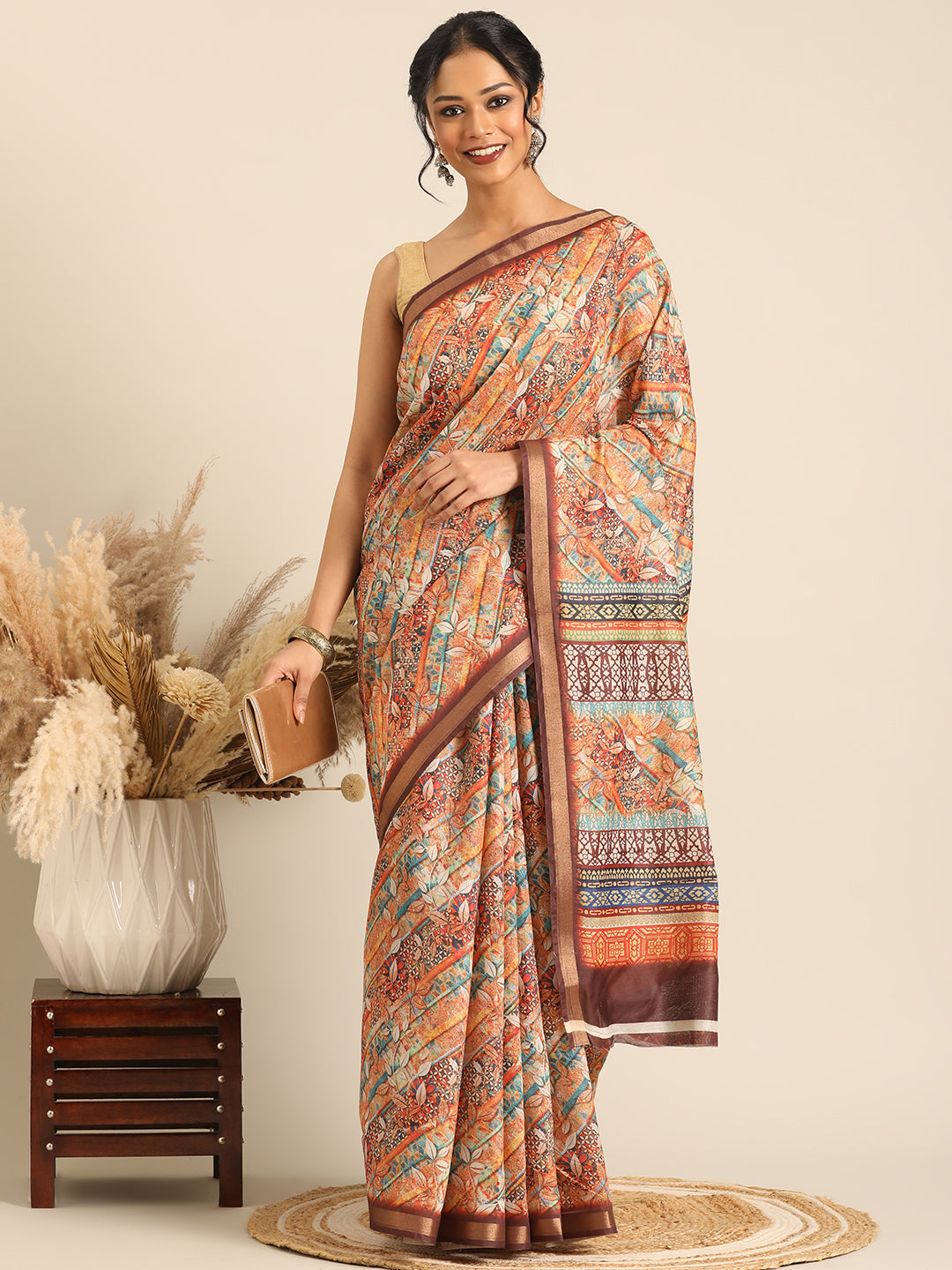 Taraang–Brown Printed Cotton Chanderi Saree