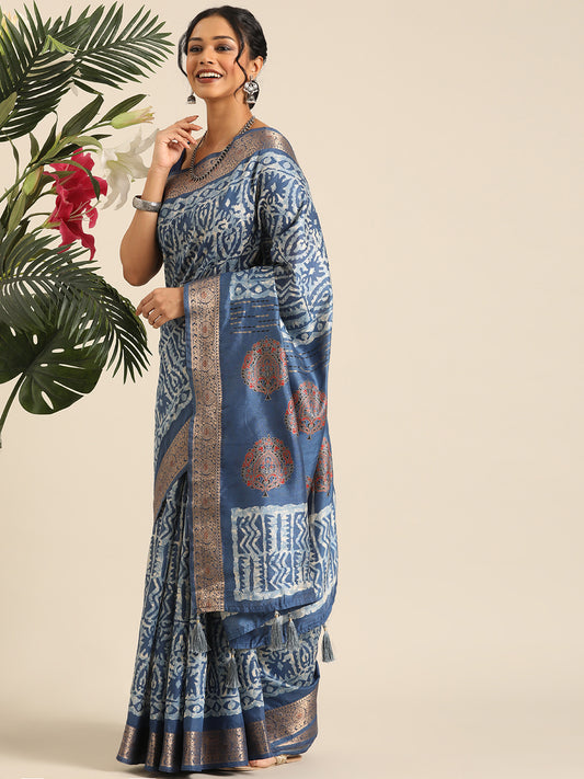 Vanya–Blue Printed Weaving Silk Saree