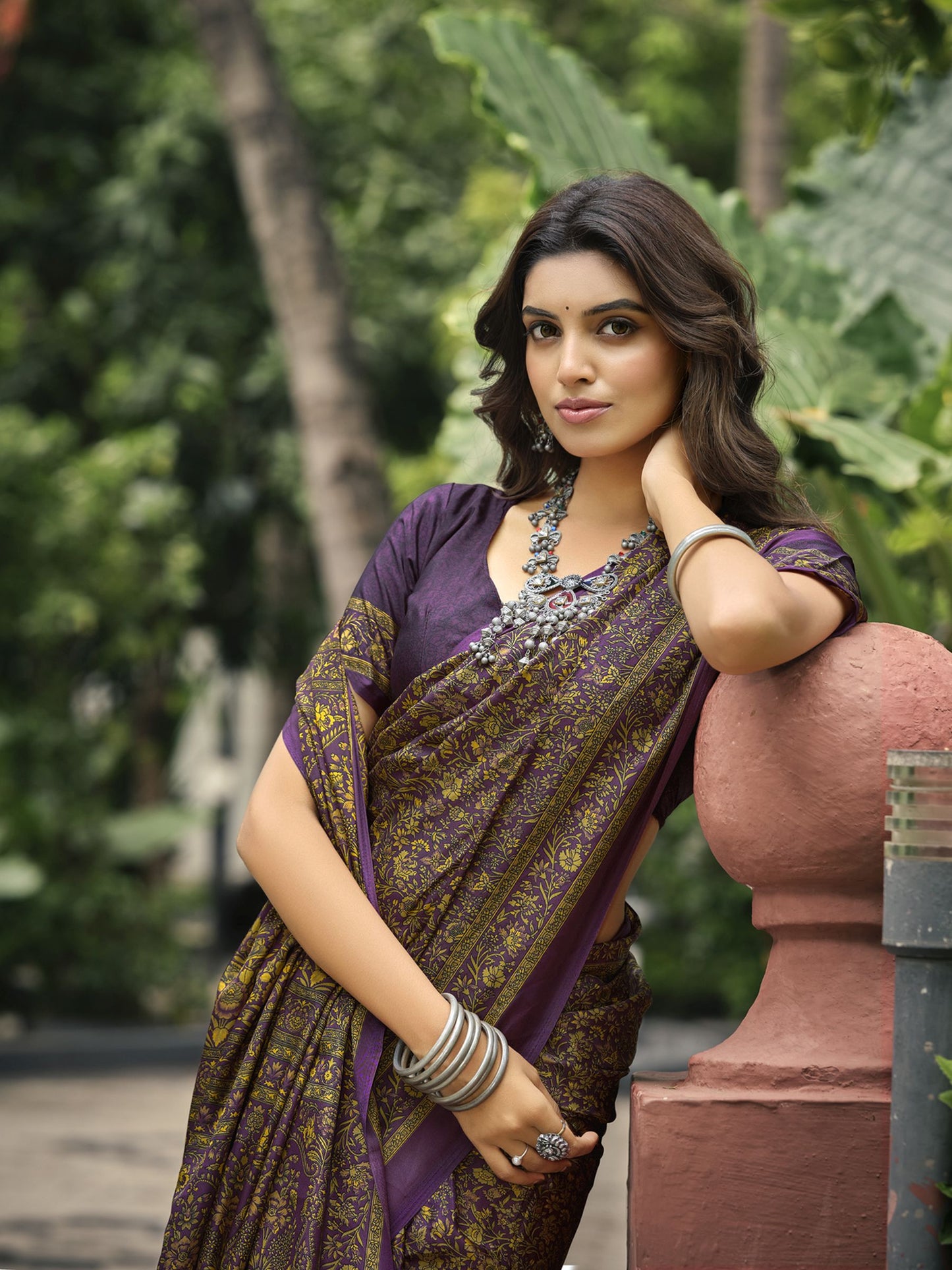 Rajkala - Violet Printed Crepe Silk Saree