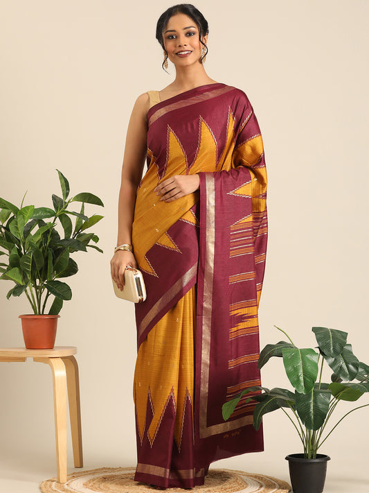Tanta–Mustard Printed Soft Silk Saree