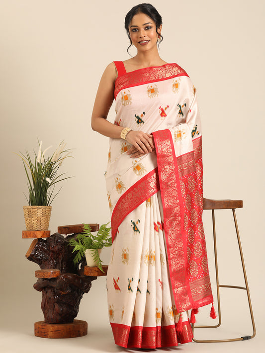 Vanya–Off White Printed Weaving Silk Saree