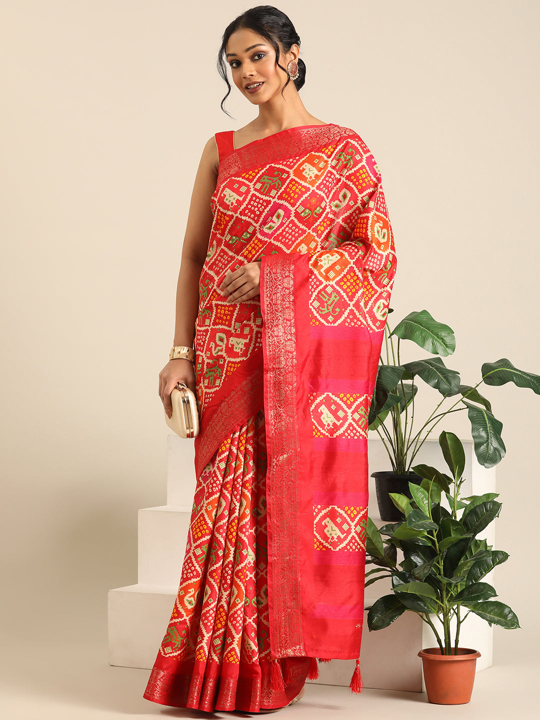 Vanya–Red Printed Weaving Silk Saree