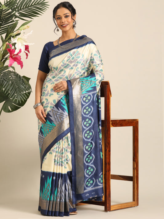 Tanta–White Printed Soft Silk Saree