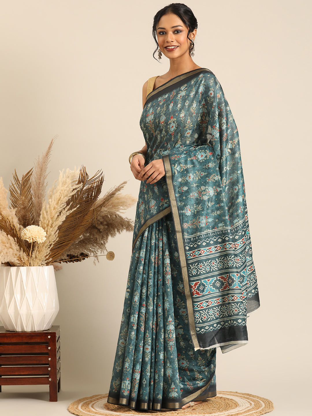 Taraang– Green Printed Cotton Chanderi Saree