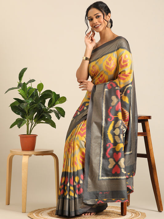 Tanta–Yellow Grey Printed Soft Silk Saree