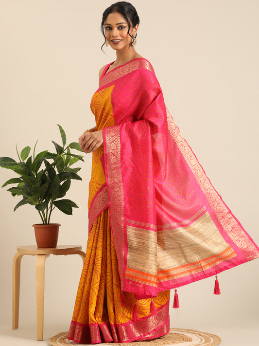 Vanya–Yellow Pink Printed Weaving Silk Saree