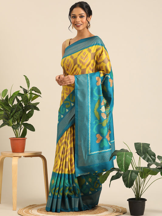 Tanta–Yellow Turqouise Printed Soft Silk Saree